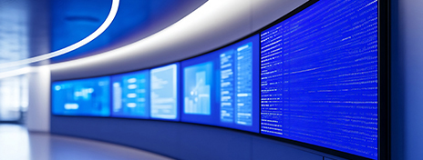 Moderner, futuristischer Kontrollraum mit gebogener Wand, an der mehrere große blaue Bildschirme mit Daten und Diagrammen angezeigt werden. Die Umgebung ist hell und technisch geprägt. Modern, futuristic control room with a curved wall displaying multiple large blue screens showing data and charts. The environment is bright and tech-oriented.