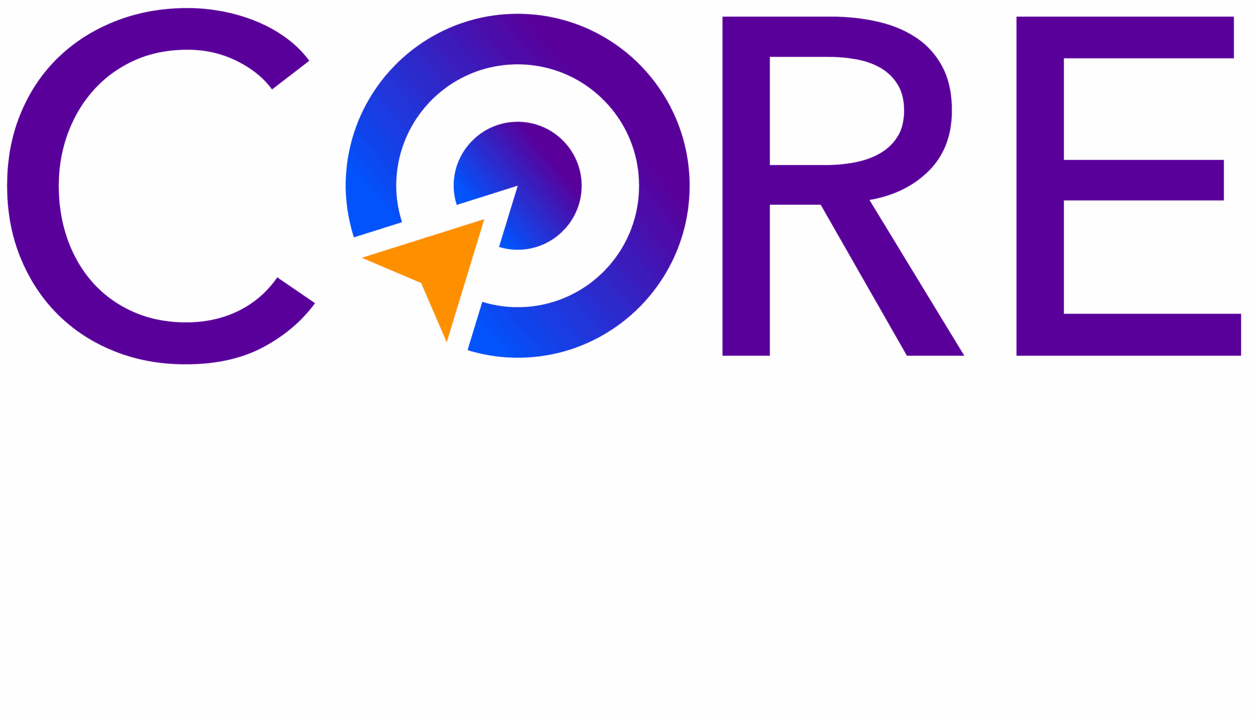 Logo der CORE GROUP. Das Wort ‚CORE‘ in Großbuchstaben, wobei das ‚O‘ als Zielscheibe mit einem orangefarbenen Pfeil gestaltet ist. ‚CORE‘ ist in lila-blauem Farbverlauf gehalten, ‚GROUP‘ darunter in schwarzer Schrift. Logo of CORE GROUP. The word ‘CORE’ in uppercase, with the ‘O’ designed as a target and an orange arrow. ‘CORE’ appears in a purple-blue gradient, and ‘GROUP’ is written below in black.