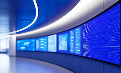 Moderner, futuristischer Kontrollraum mit gebogener Wand, an der mehrere große blaue Bildschirme mit Daten und Diagrammen angezeigt werden. Die Umgebung ist hell und technisch geprägt. Modern, futuristic control room with a curved wall displaying multiple large blue screens showing data and charts. The environment is bright and tech-oriented.
